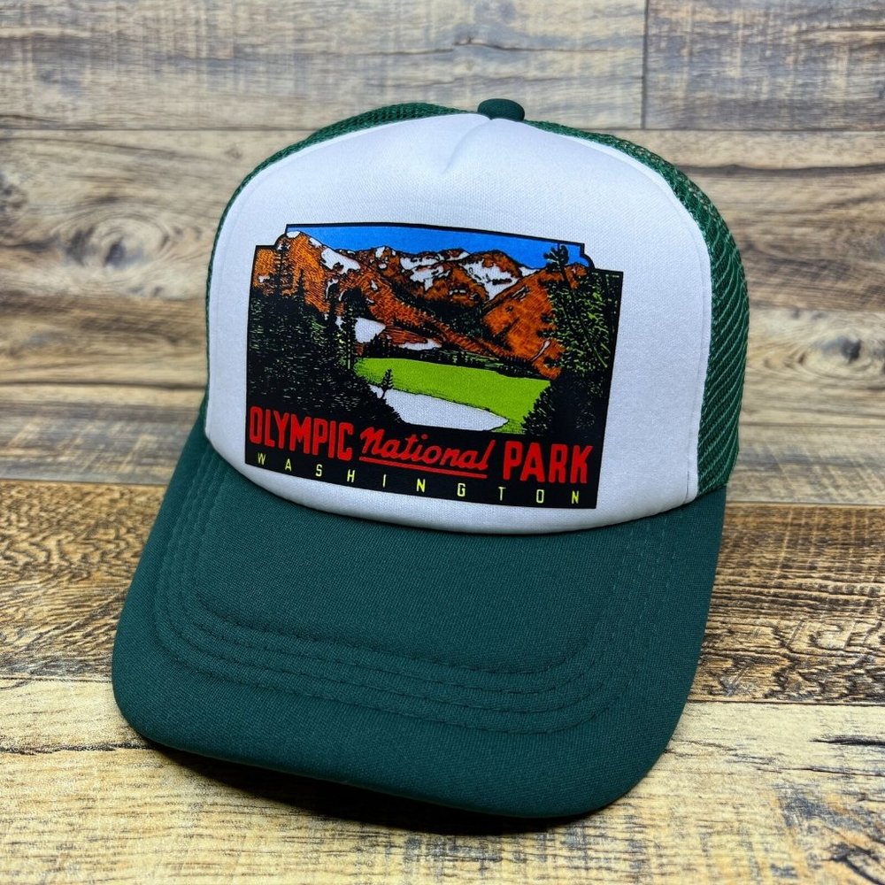 Olympic National Park Mens Trucker Hat Green Snapback Washington State PNW Cap